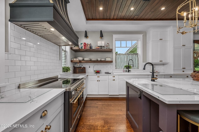 kitchen with dark hardwood / wood-style floors, white cabinets, backsplash, and premium range hood