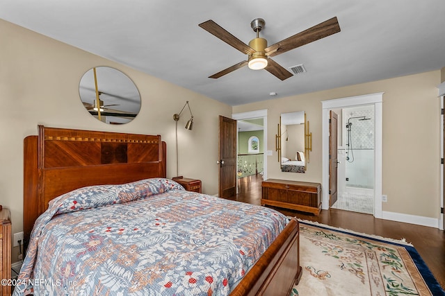 bedroom featuring a walk in closet, ceiling fan, a closet, and dark hardwood / wood-style flooring