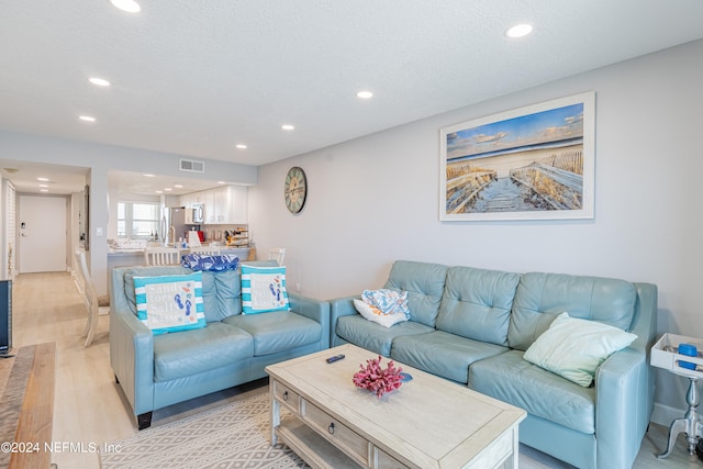 living room with light hardwood / wood-style floors and a textured ceiling