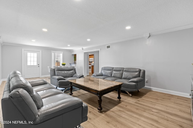 living room with a textured ceiling, light hardwood / wood-style flooring, and ornamental molding