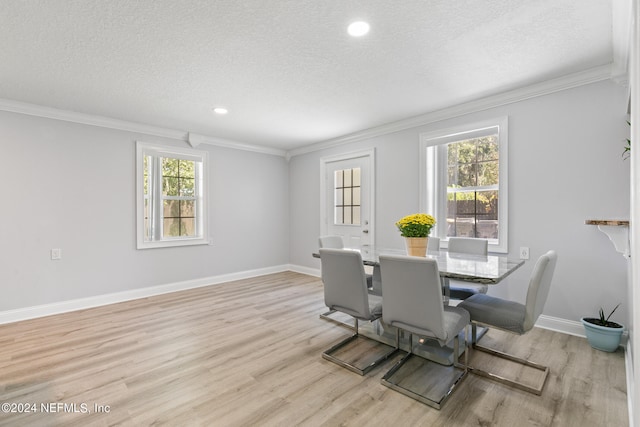 dining space featuring ornamental molding, light wood-type flooring, a textured ceiling, and plenty of natural light