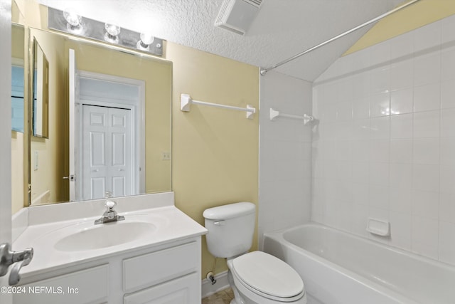 full bathroom with shower / bath combination, vanity, a textured ceiling, lofted ceiling, and toilet