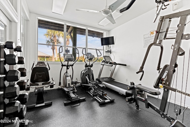 gym featuring ceiling fan and plenty of natural light