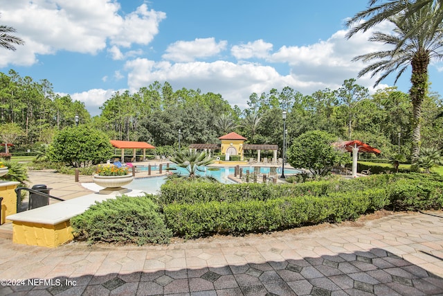 view of community featuring a pool and a patio