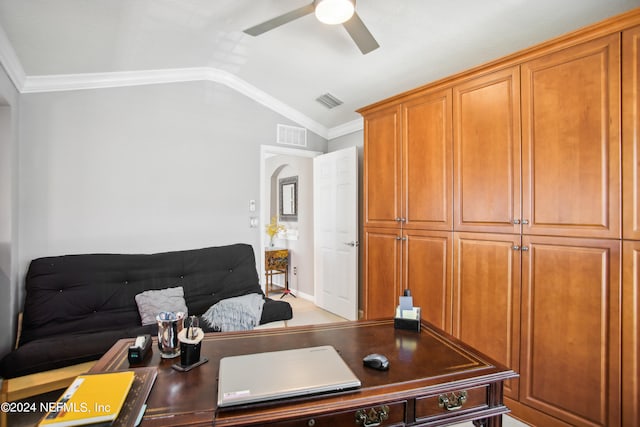 office featuring ceiling fan, ornamental molding, and vaulted ceiling