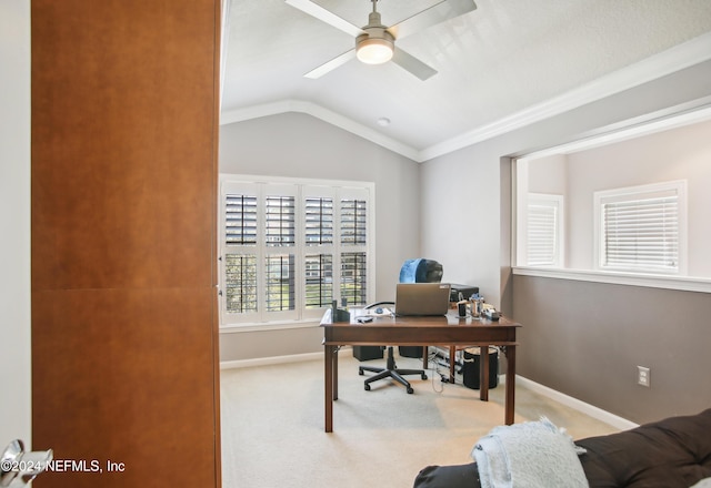 8495 Little Swift Cir, Jacksonville, FL 32256 - home office with ceiling fan, carpet flooring, baseboards, and lofted ceiling