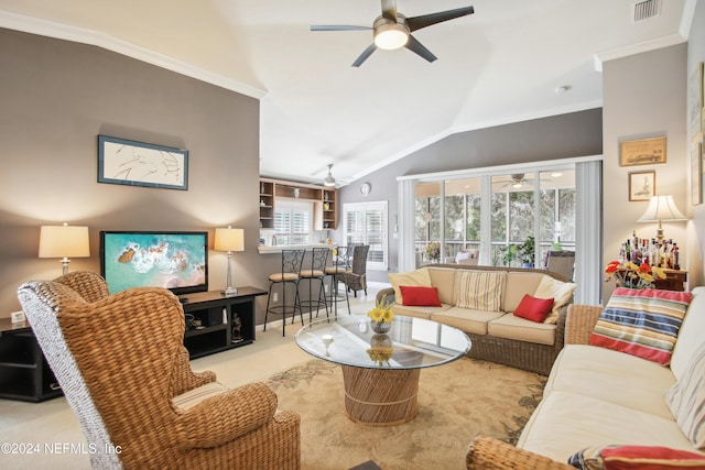 8495 Little Swift Cir, Jacksonville, FL 32256 - carpeted living room featuring a healthy amount of sunlight, lofted ceiling, visible vents, and ceiling fan