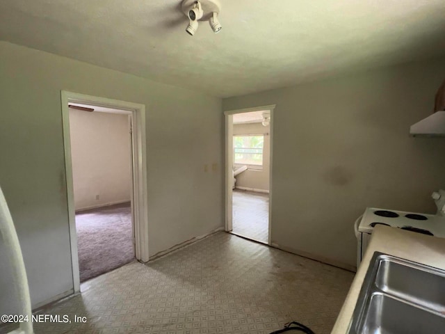 kitchen with light carpet