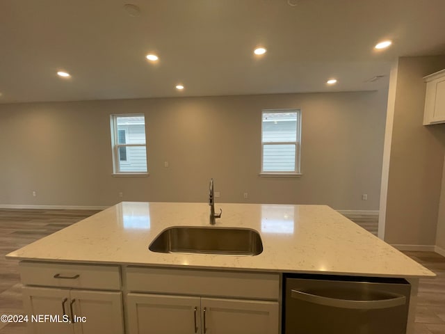 kitchen featuring light stone countertops, sink, and a kitchen island with sink