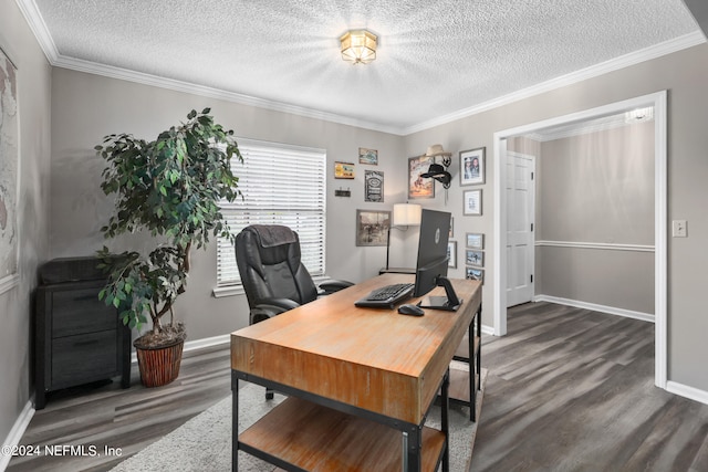 office space with a textured ceiling, ornamental molding, and dark wood-type flooring