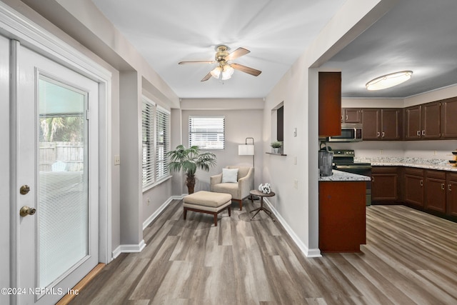 kitchen with light stone countertops, stainless steel appliances, dark brown cabinets, light hardwood / wood-style flooring, and ceiling fan