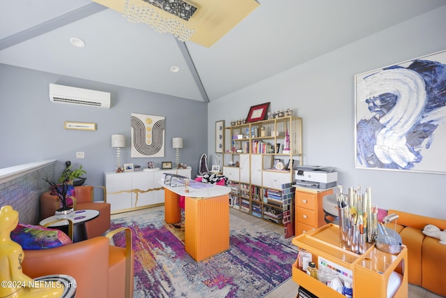 office space featuring lofted ceiling and a wall mounted AC