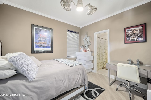 bedroom with ornamental molding and light wood-type flooring