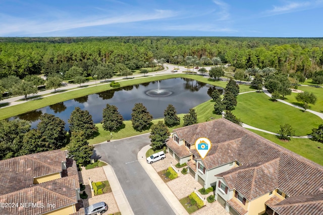 bird's eye view featuring a forest view and a water view