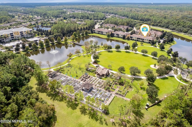 aerial view featuring a water view