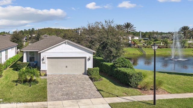 ranch-style house with a front yard, a garage, and a water view