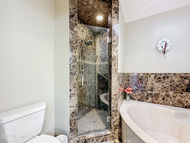 bathroom featuring toilet and independent shower and bath