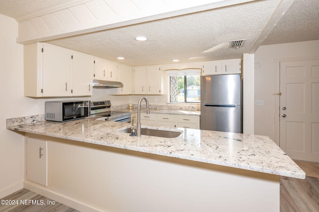 kitchen featuring kitchen peninsula, light stone counters, appliances with stainless steel finishes, light hardwood / wood-style floors, and sink