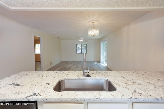 kitchen featuring light hardwood / wood-style floors, sink, plenty of natural light, and decorative light fixtures