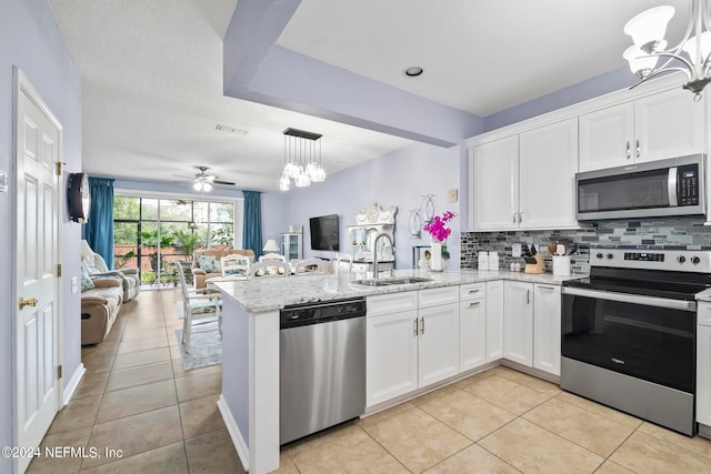 kitchen featuring hanging light fixtures, sink, kitchen peninsula, white cabinetry, and appliances with stainless steel finishes