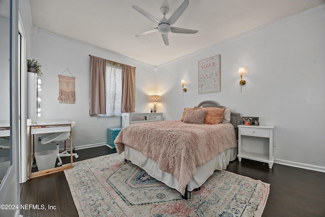 bedroom featuring crown molding, ceiling fan, and dark hardwood / wood-style floors