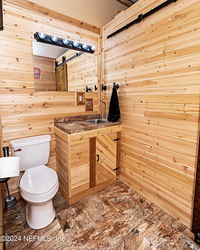 bathroom featuring wood walls, vanity, and toilet