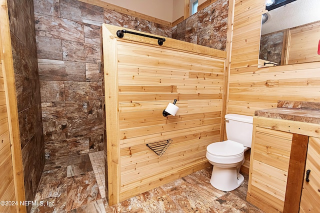 bathroom with vanity, wooden walls, and toilet