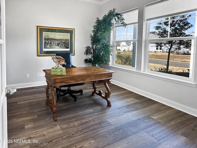 home office featuring dark wood-style floors and baseboards