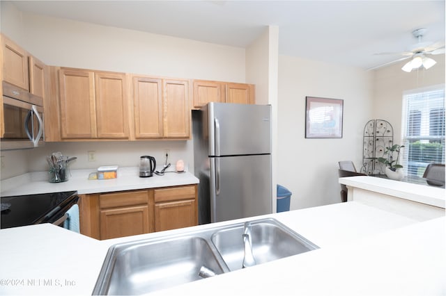 kitchen featuring appliances with stainless steel finishes, ceiling fan, and sink