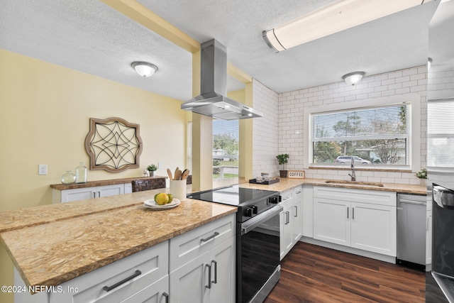 kitchen with stainless steel appliances, white cabinetry, sink, dark wood-type flooring, and wall chimney range hood