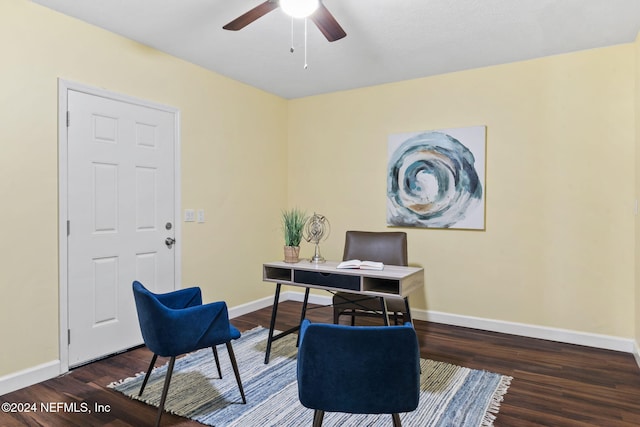 office area featuring ceiling fan and dark hardwood / wood-style flooring