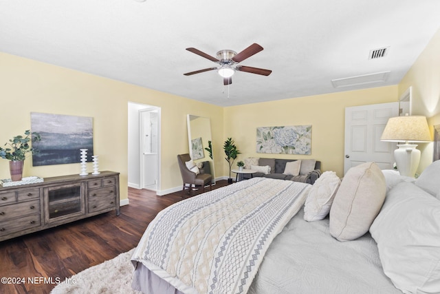 bedroom featuring dark hardwood / wood-style flooring and ceiling fan