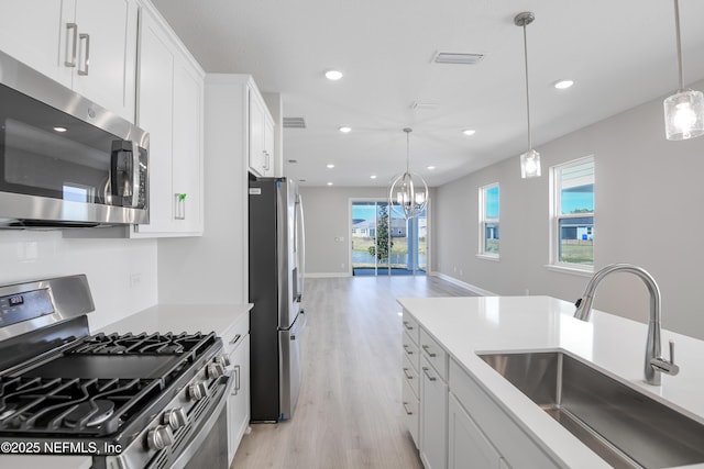 kitchen with white cabinetry, sink, hanging light fixtures, stainless steel appliances, and light hardwood / wood-style flooring