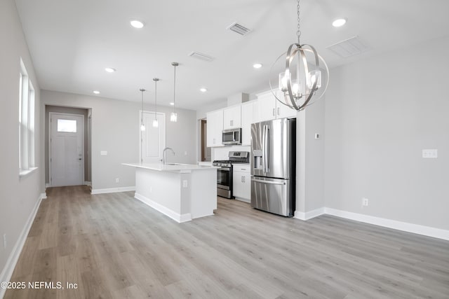 kitchen featuring stainless steel appliances, a center island with sink, white cabinets, and decorative light fixtures