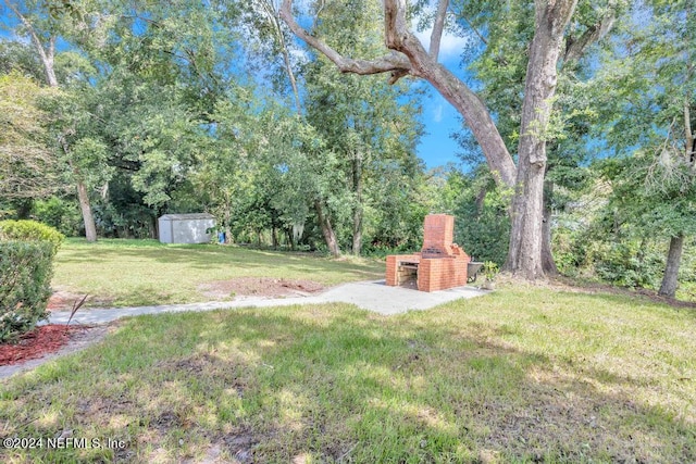 view of yard with an outdoor fireplace and a storage unit