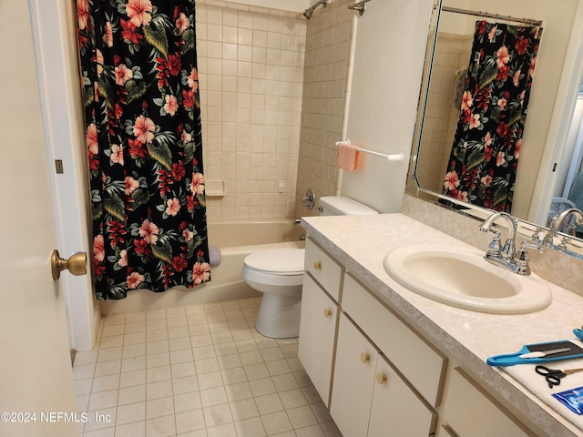 full bathroom with tile patterned flooring, vanity, toilet, and shower / bathtub combination with curtain