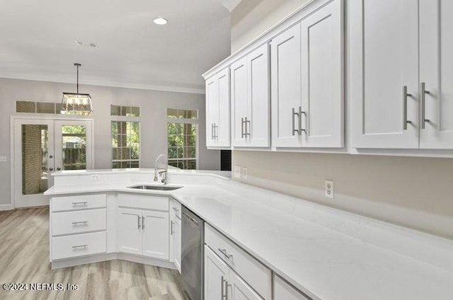 kitchen featuring white cabinets, a wealth of natural light, sink, and kitchen peninsula