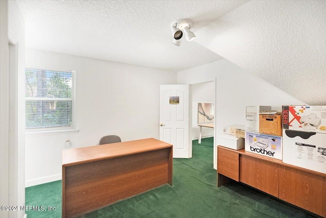 carpeted home office with lofted ceiling and a textured ceiling