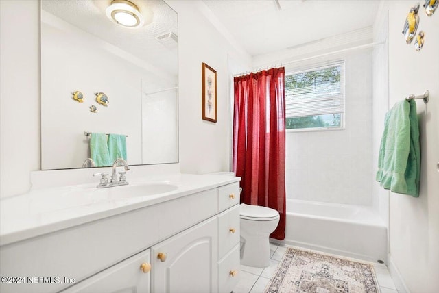 full bathroom with tile patterned flooring, shower / bath combo, vanity, and toilet