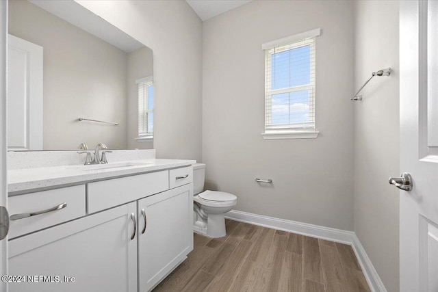 bathroom with hardwood / wood-style flooring, vanity, toilet, and a wealth of natural light