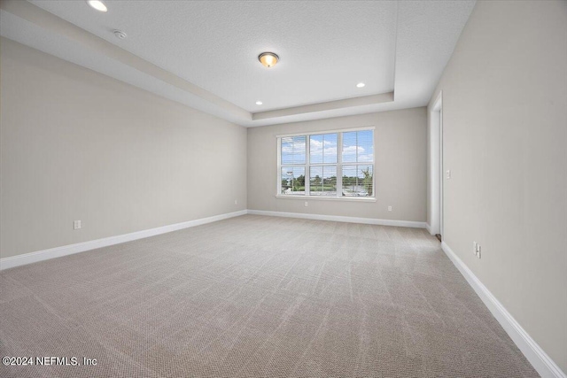 carpeted spare room featuring a textured ceiling and a tray ceiling