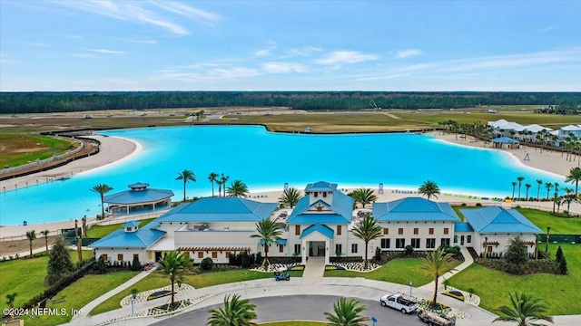 bird's eye view with a water view