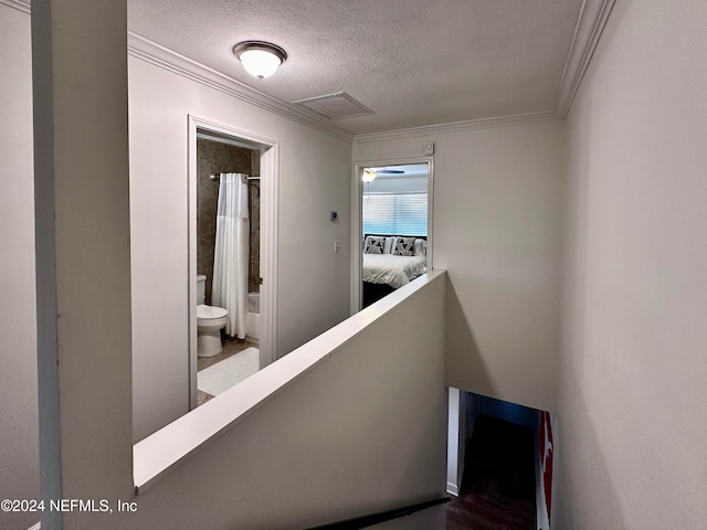 hallway featuring a textured ceiling and crown molding