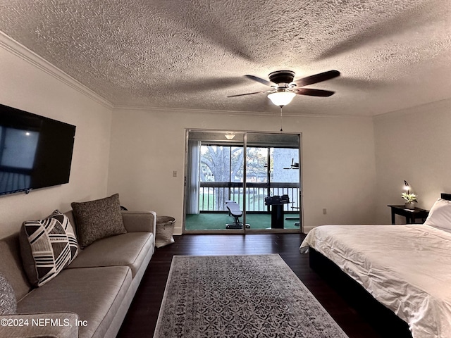 bedroom featuring ceiling fan, dark hardwood / wood-style floors, a textured ceiling, access to outside, and ornamental molding