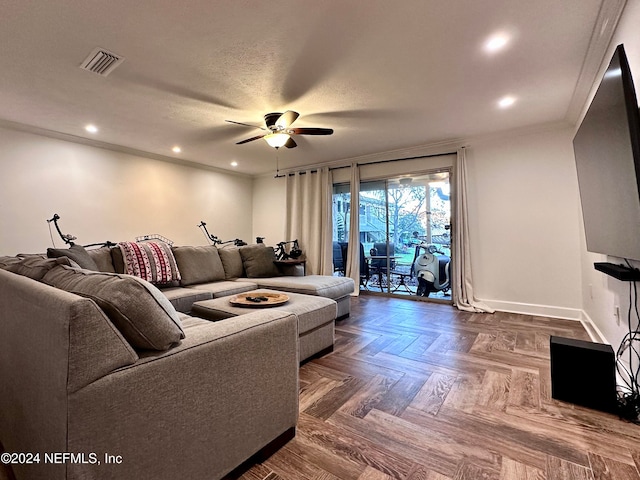 living room with dark parquet flooring and ceiling fan