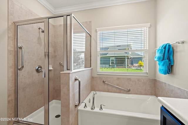 bathroom with vanity, ornamental molding, and independent shower and bath