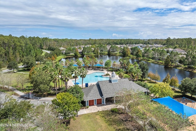 bird's eye view with a water view