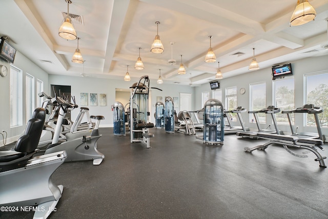 exercise room with coffered ceiling