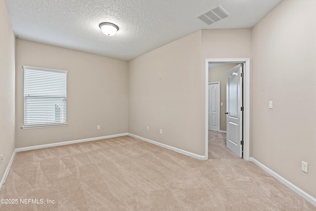 empty room featuring light colored carpet and a textured ceiling