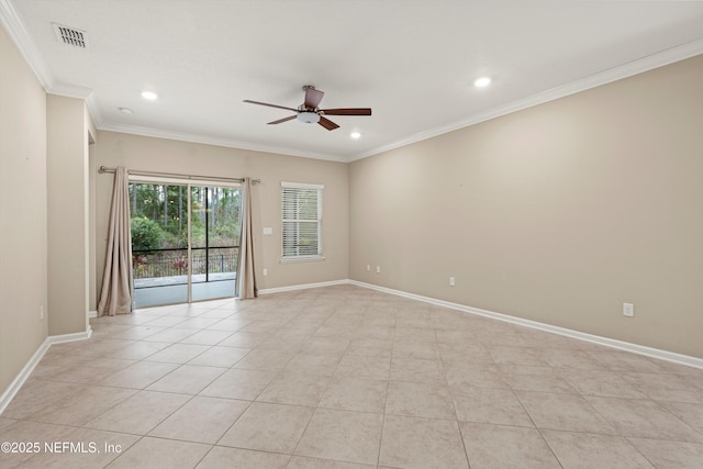 empty room featuring ceiling fan, ornamental molding, and light tile patterned floors